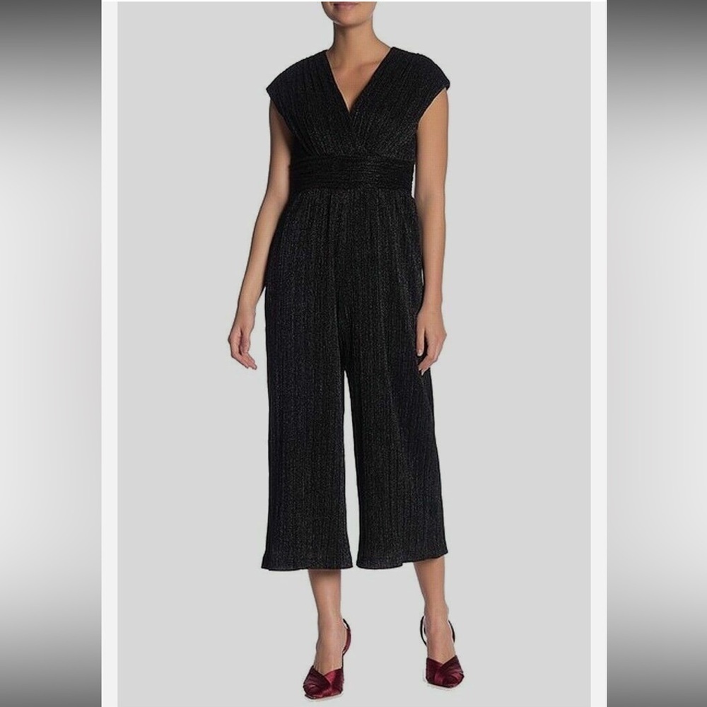 Maggy London Black Sparkle Pleat Novelty Wide-Leg Crop Jumpsuit Romper US 2 - Picture 6 of 14